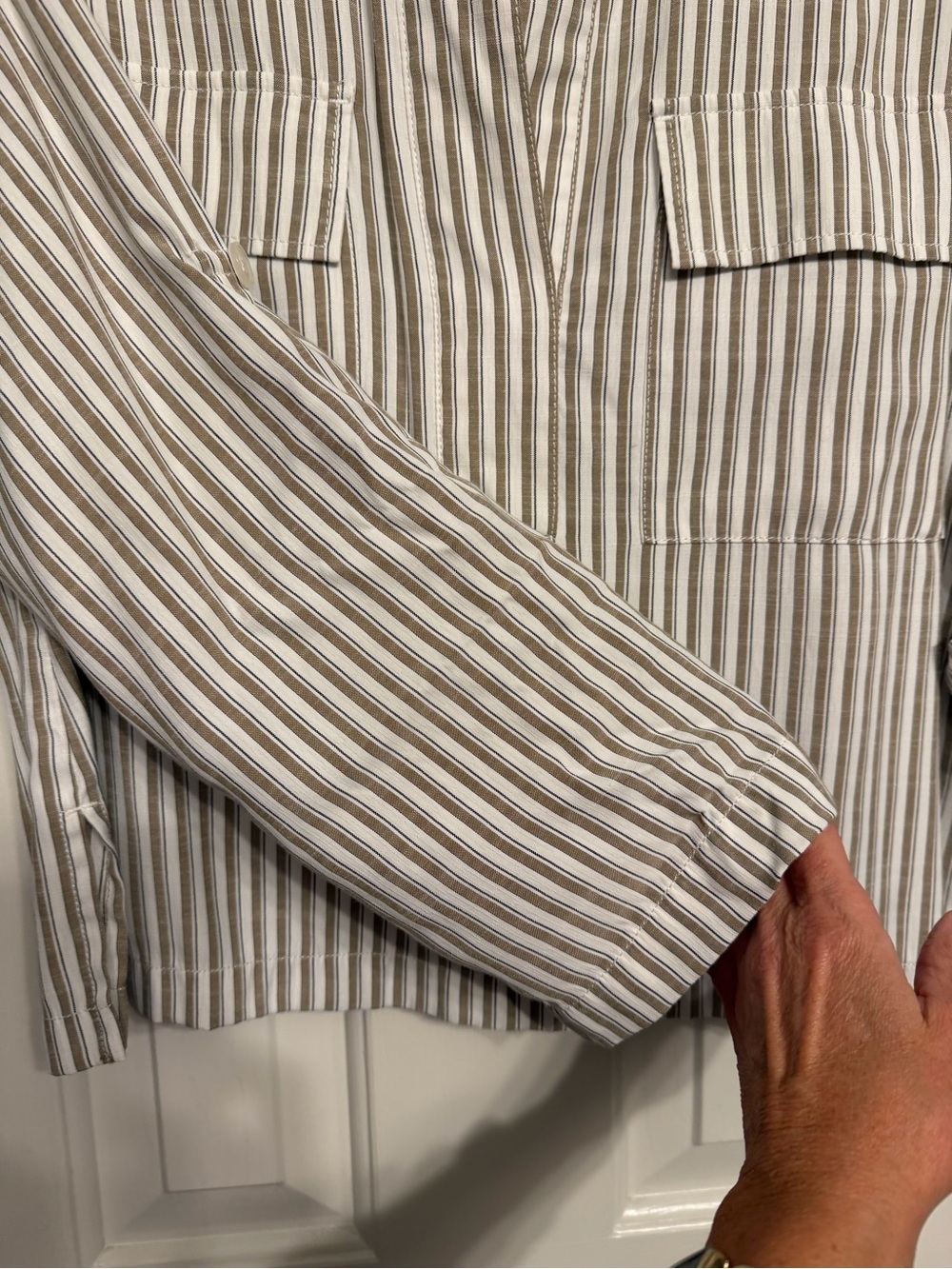 Max Studio Taupe and White Striped Button-Down Shirt - Picture 5 of 6
